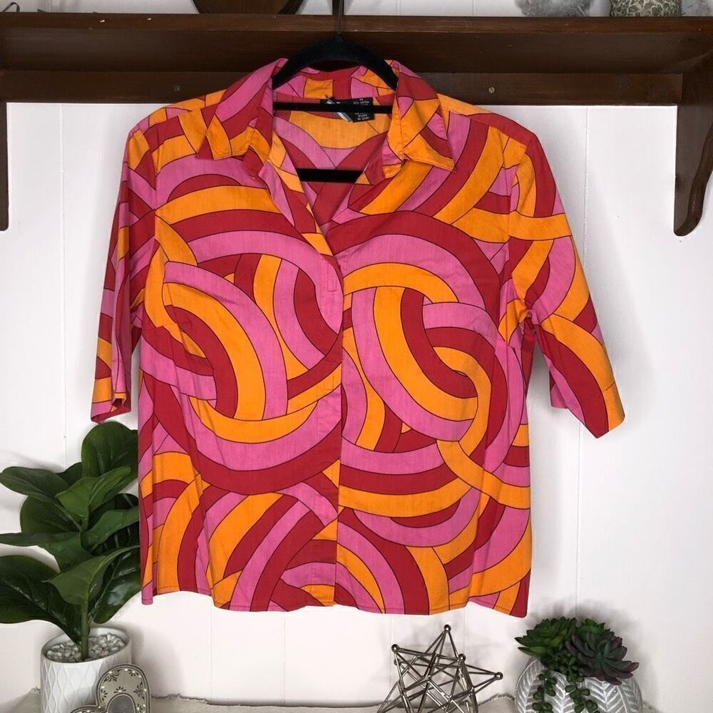 Grace Women's Knot Pattern Short Sleeves Collared Casual Top Multicolor Size 14